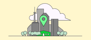 A cityscape illustration highlighting a location pin to represent local presence, visibility, and location-based business growth.