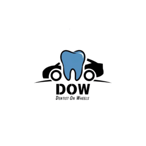 A creative Dentist on Wheels (DOW) logo featuring a tooth and vehicle design that represents mobile dental care services.