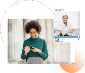 This image shows a woman engaging with social media content, highlighting online interaction with a promoted dental service post.