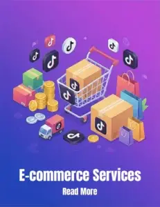 This image visually represents e-commerce services through shopping elements like carts, packages, coins, and delivery icons.