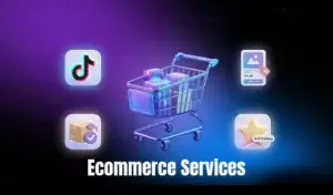 The image represents e-commerce web development services that power product listings, orders, ratings, and social commerce features.