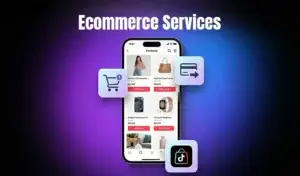 The image showcases modern e-commerce web development services that enable seamless online shopping and integrated store features.