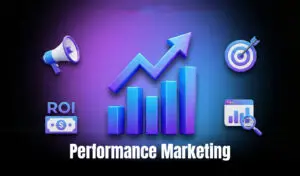 This image represents performance marketing with visuals of growth charts, ROI, targeting, and digital analytics.