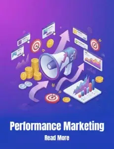 This image illustrates performance marketing with visuals of targeted ads, analytics, conversions, and revenue growth.
