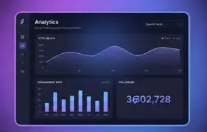 This image displays a social media analytics dashboard showing reach, engagement, and follower growth metrics.