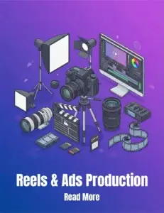 This image highlights social media marketing through visuals of professional reels and ad production tools.