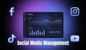This image showcases social media marketing through a dashboard displaying analytics across major platforms.