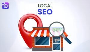 This image highlights local SEO services, shown through a storefront, location pin, and magnifying glass emphasizing local search optimization.