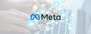 The image represents social media marketing, highlighting Meta’s platform with engagement icons floating over a keyboard.